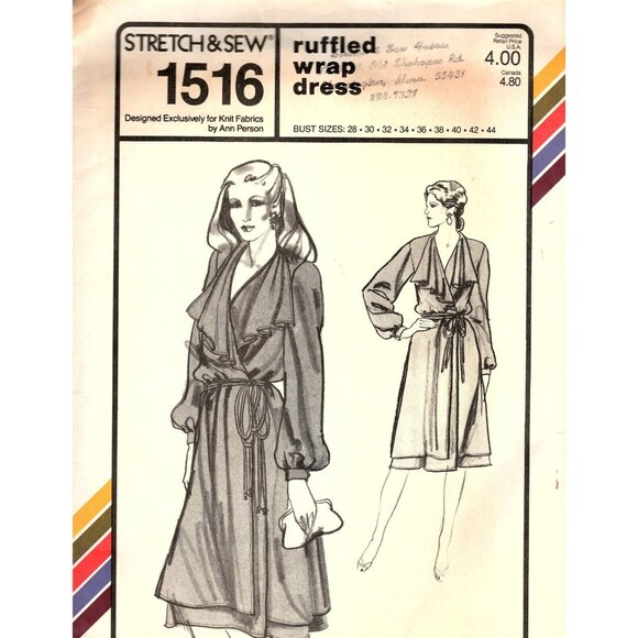 Stretch and Sew Misses 28 to 44 Ruffled Wrap Dress Vintage Uncut Sewing Pattern - Picture 1 of 2
